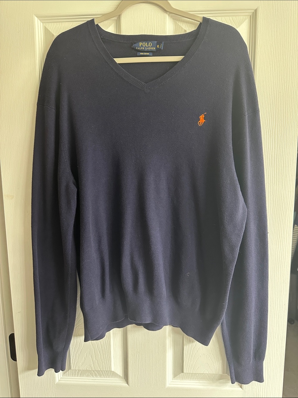Polo by Ralph Lauren Navy V-Neck Sweater with Orange Pony